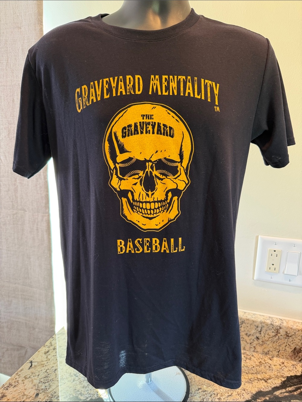 Gildan Black Short Sleeve Tee with Yellow Skull Baseball Graphic